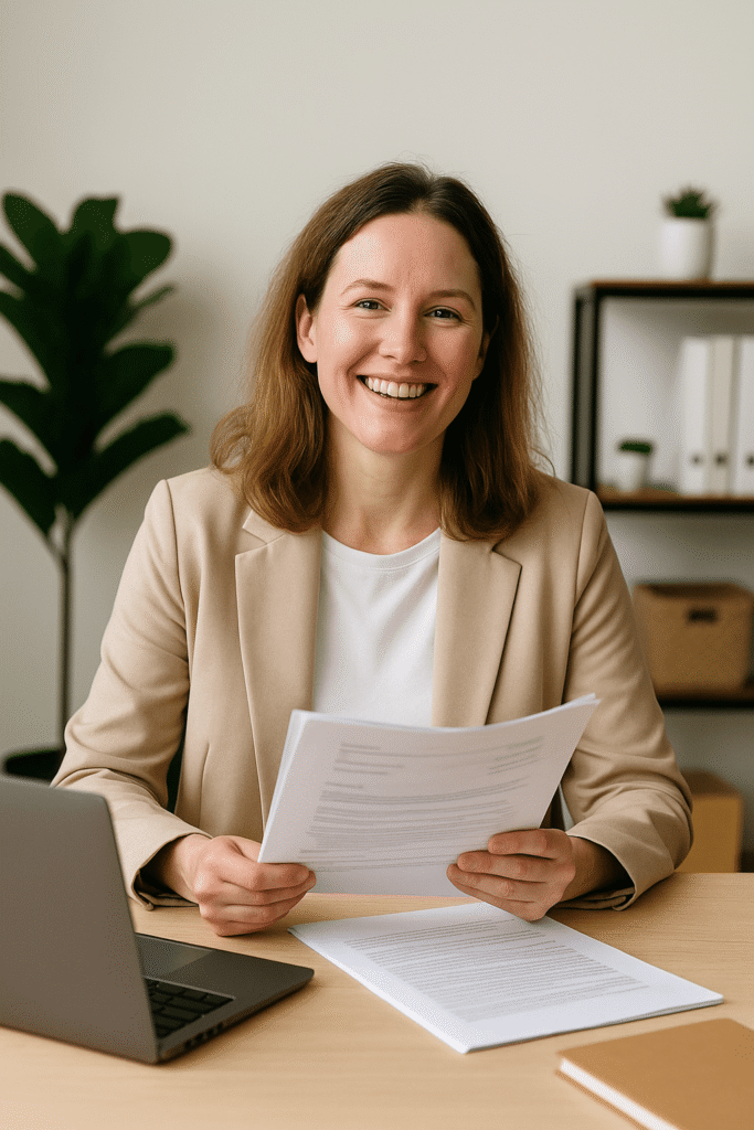 happy therapist with paperwork